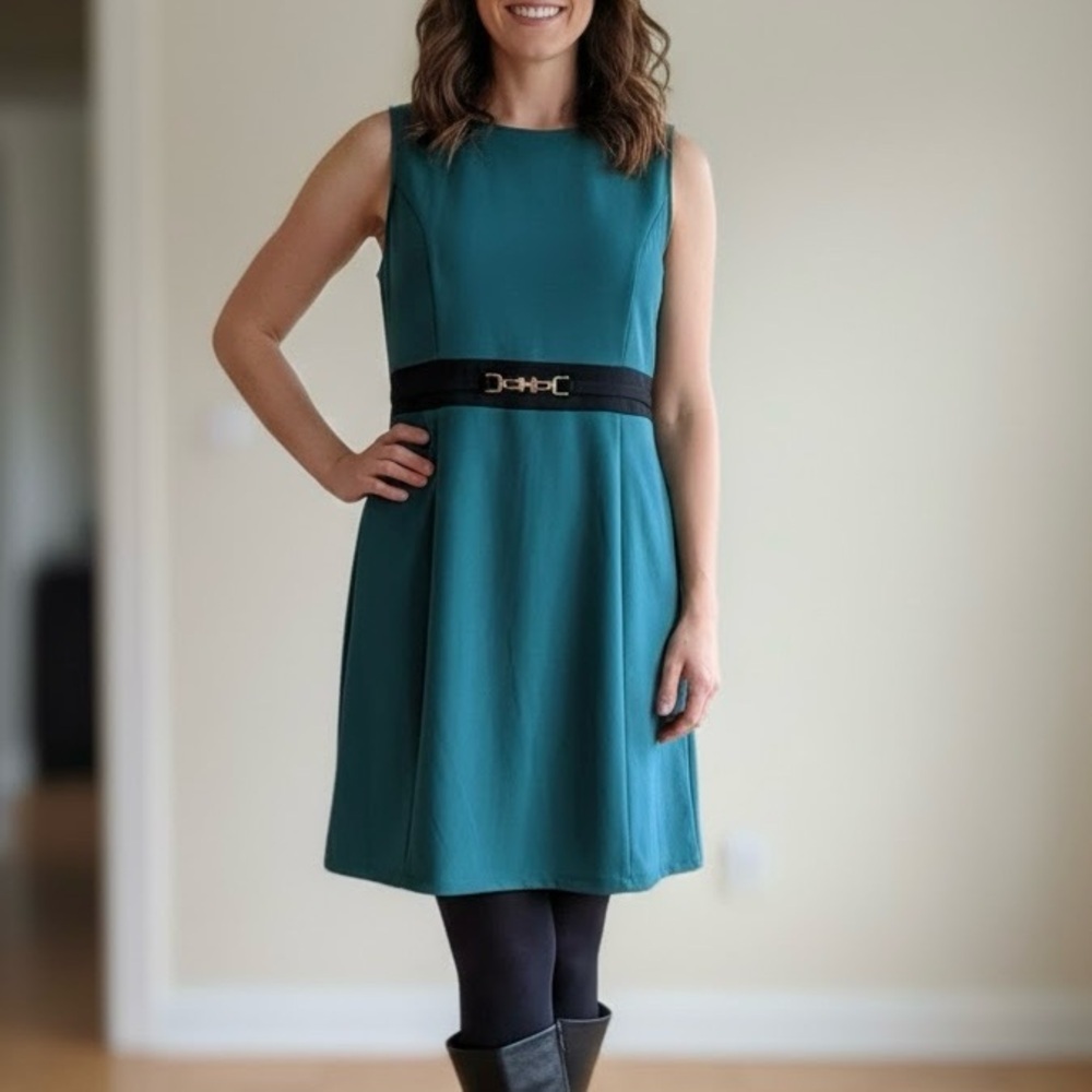 Luxology Teal Sleeveless Belted Midi Dress Quiet Luxury Modest Chic Y2K Cocktail